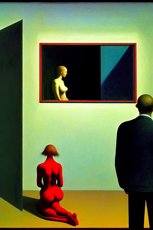 Image similar to man and woman, in the void, by the mirror, station edward hopper and james gillard, zdislav beksinski, high detail alex colville, otto mueller, stephen conroy, sandro botticelli, andrew newell wyeth, daniel meidman jussi picho, octane rendering