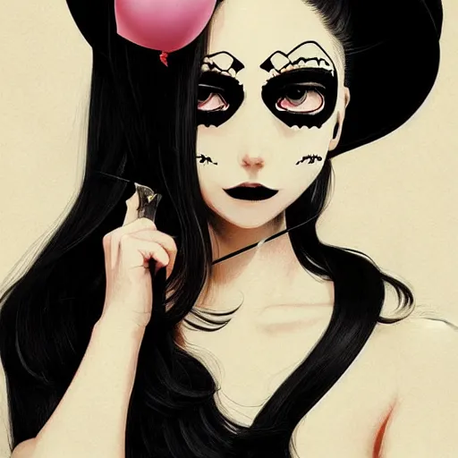 Image similar to anime skull portrait woman balloons, hello kitty, elegant, highly detailed, hard shadows and strong rim light, art by jc leyendecker and atey ghailan and sachin teng