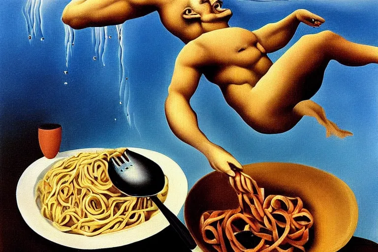 Image similar to olympic diver diving into a dish of pasta, detailed surrealist painting by salvador dali