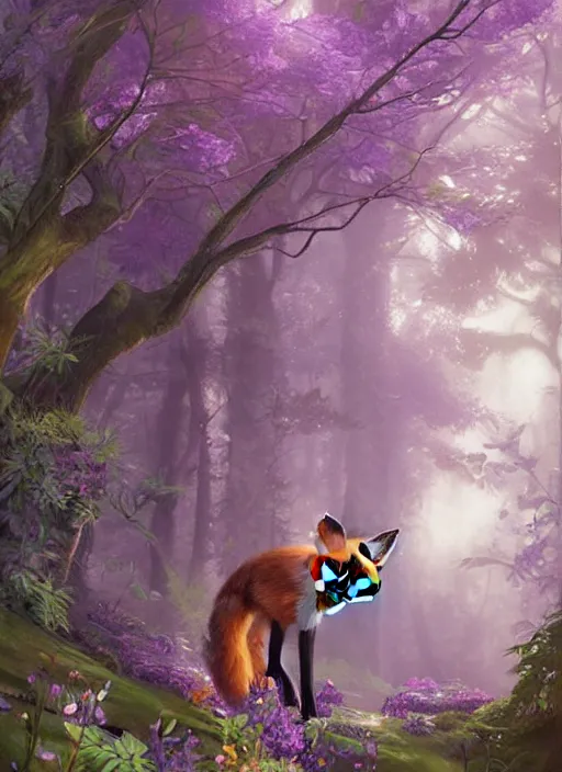 Image similar to Magical fox, sneaking in a forest, fantasy, painting, violet flowers, illustration, high quality, highly detailed, Marc Simonetti, Andreeva Katerina