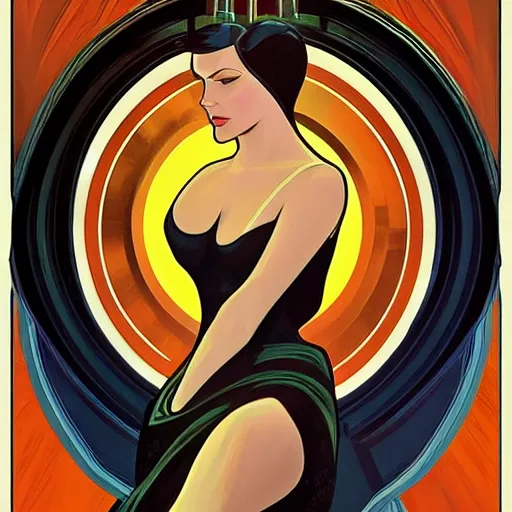 Image similar to a streamline moderne painting in the style of clyde caldwell, and in the style of charlie bowater, and in the style of alphonse mucha. symmetry, smooth, sharp focus, semi - realism, intricate detail.