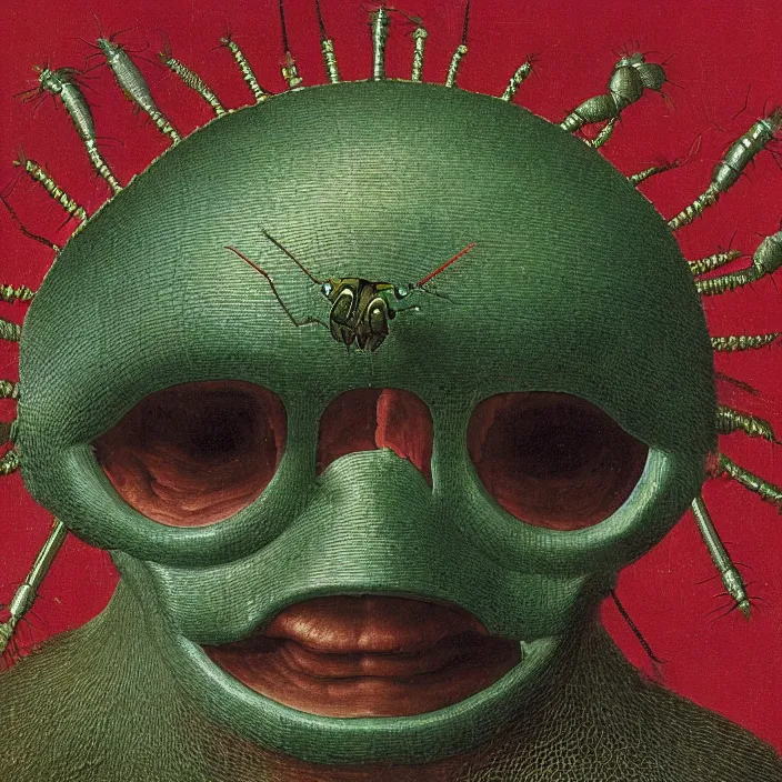 Image similar to close up portrait of a mutant monster creature with facial features resembling a medieval steel helmet, iridescent beetle eyes and antennae. by jan van eyck, audubon