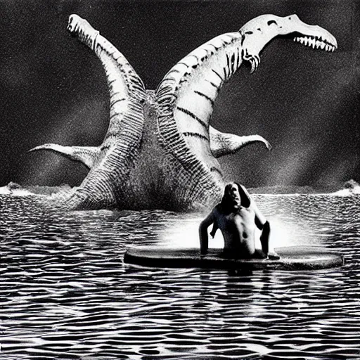 Image similar to nirvana nevermind album cover with a spinosaurus