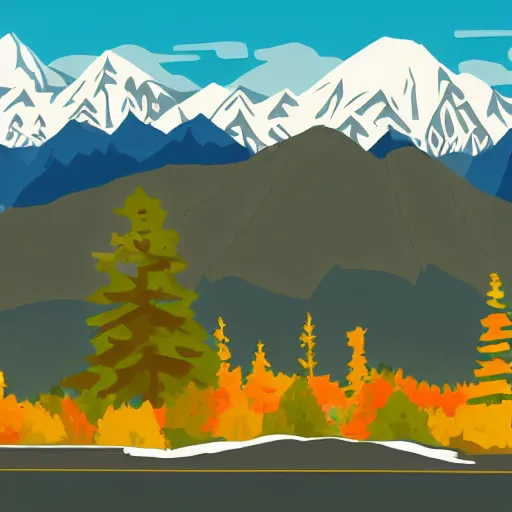 Prompt: flat design of Scenic fall landscape with snow-capped mountains in Denali National Park, Alaska, vivid colours, extremely colourful, magical, anime style, digital illustration, extremely realistic, accurate details, clean aesthetic, remove dirt and dust and scratches, denoise, smooth texture, 2d art