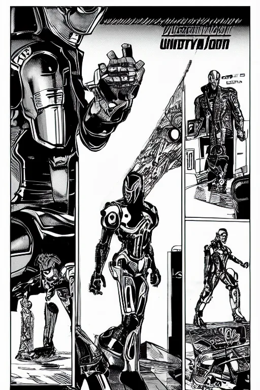 Prompt: ultron standing heroically, a page from cyberpunk 2 0 2 0, style of paolo parente, style of mike jackson, adam smasher, johnny silverhand, 1 9 9 0 s comic book style, white background, ink drawing, black and white