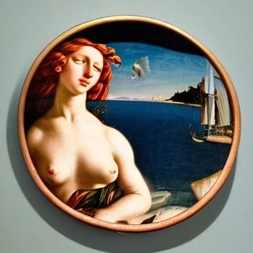 Image similar to fish eye of the birth of venus looking at me, dark lighting