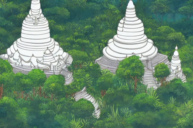 Prompt: sri lankan white stupa hidden in the jungle village, drawn by hayao miyazaki