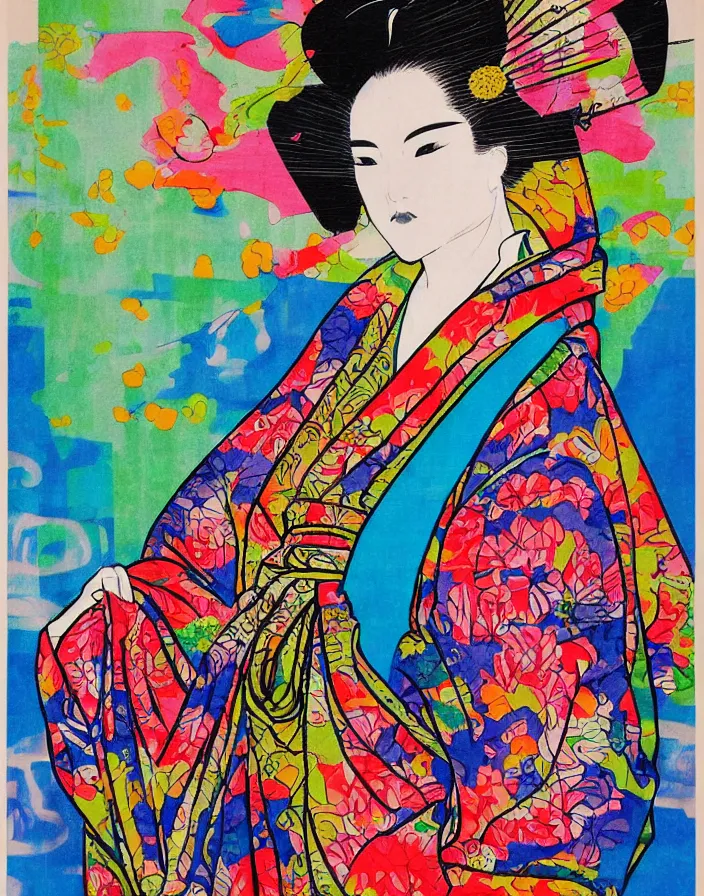 Prompt: ink on paper, a portrait of a geisha wearing a colorful kimono with graffiti tags, by goyo hashiguchi!!, colorful, xray melting colors!!