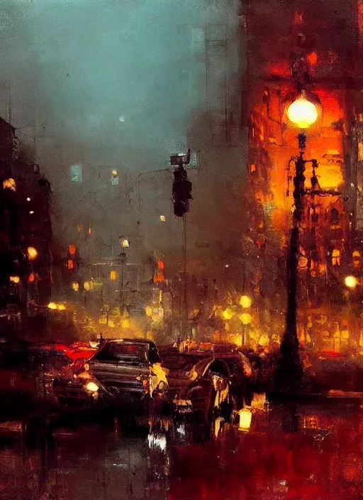 Image similar to a beautiful painting by jeremy mann of a city by night, warm colors