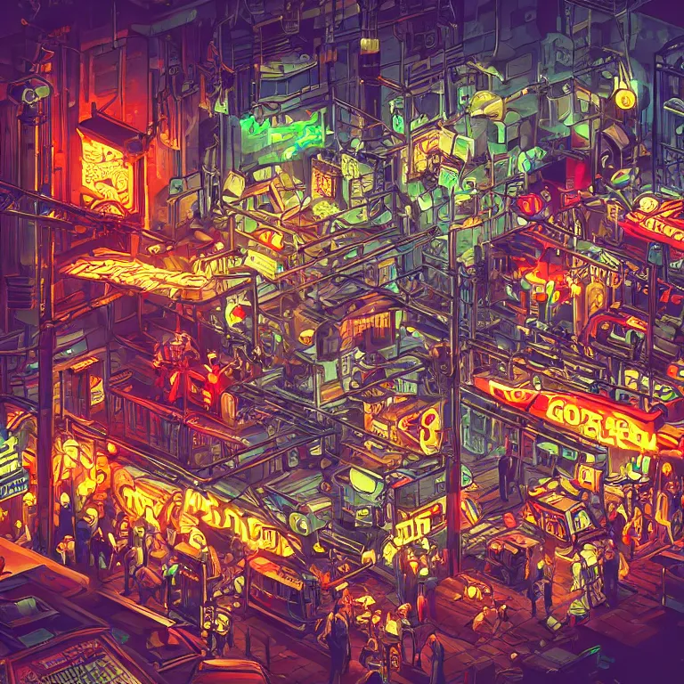 Prompt: fantastic lighting, pixel art, high detail, dieselpunk market, neon lights, 2 d