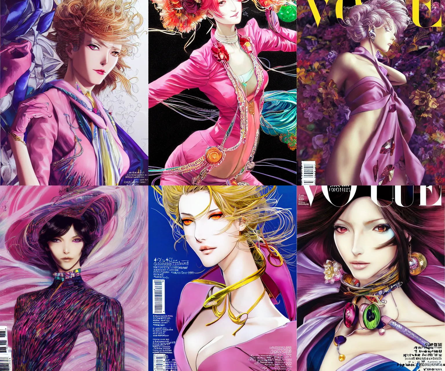 Prompt: long shot of a woman, beautiful, elegant, fashion, colorful, artstation, trending, highly detailed, focus, smooth, fashion magazine cover, vogue, posing, by hirohiko araki and yoshitaka amano