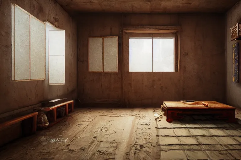 Image similar to artstation scifi scene of a shabby chinese rural room, earth kang, wooden bookcase, a small lotus shrine, in winter paneled walls, unreal engine 5, hyper realism, realistic shading, cinematic composition, blender render, octane render, hdr, detailed textures, photorealistic, wide shot