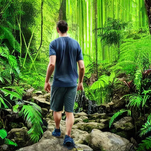 Prompt: 4 k realistic photo of a man walking through a jungle, lush rainforest, waterfall in the background,