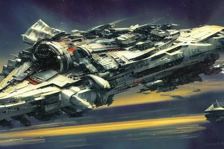 Prompt: Colossal spaceship cruising in the dark with volumetric headlights, 3D matte painting by John Berkey