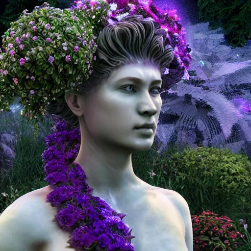 Image similar to an idealistic marble statue with fractal flowery hair in a fractal garden, unreal engine, 8k render, beautiful, full frame,