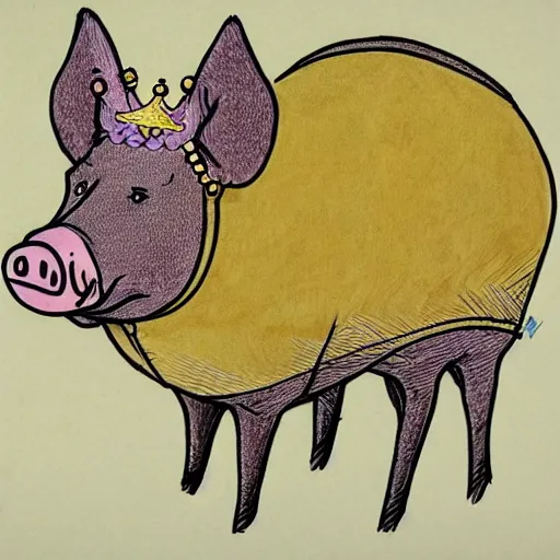 Image similar to detailed sketches of a pig wearing a gold crown by Bill Watterson drawn like saturday morning cartoons