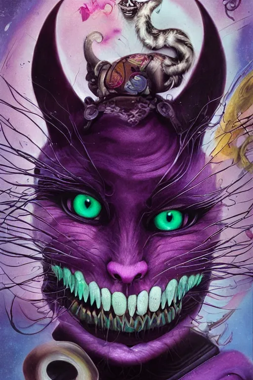 Image similar to dream portrait of Cheshire Cat from Alice in Wonderland,full character, melting ,8k,by tristan eaton,Stanley Artgermm,Tom Bagshaw,Greg Rutkowski,Carne Griffiths, Ayami Kojima, Beksinski, Giger,trending on DeviantArt,face enhance,hyper detailed,minimalist,cybernetic, android, blade runner,full of colour