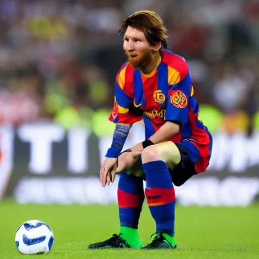Image similar to blind messi as a blind man selling coupons