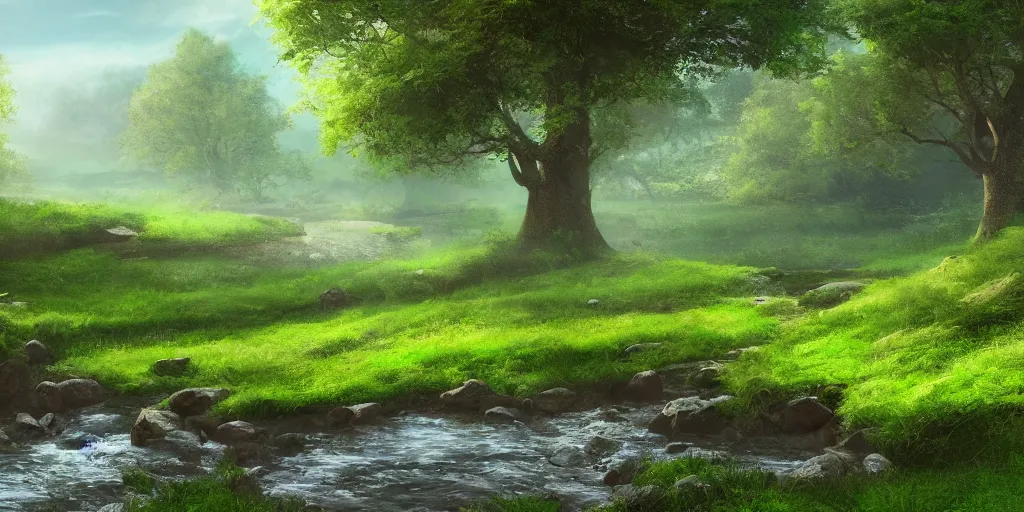 Image similar to a babbling brook on a green field, matte painting, concept art, 4k