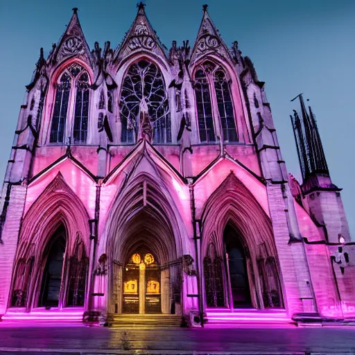 Prompt: A beautiful gothic cathedral with a pink neon sign spelling the word ODOO in rounded lowercase letters above its door, dramatic lighting, photorealistic
