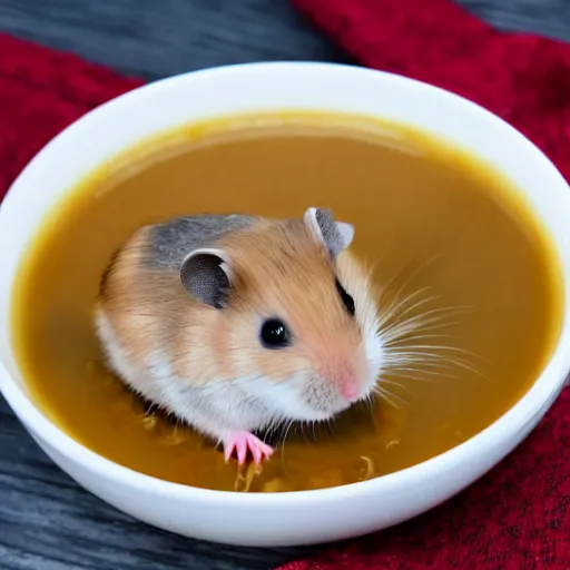 Image similar to detailed photo of a hamster eating soup, various poses, full body, daylight, 8 k