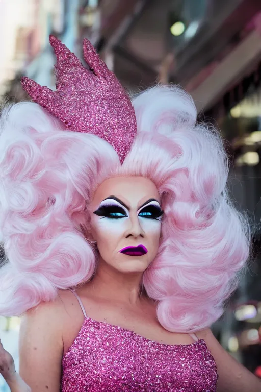 Prompt: portrait of a drag queen (man in drag) wearing: heavy drag makeup, pink glitter mermaid gown, white satin gloves, huge pink wig with bouffant hairdo and decorated with a hairbow, pink 7 inch high heels