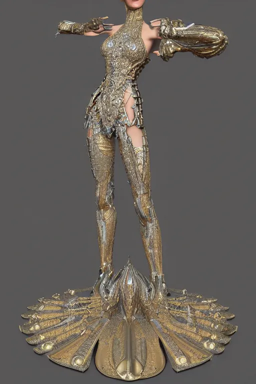 Image similar to a highly detailed 4 k render of a beautiful tall alien goddess bella hadid in iris van herpen dress armor schiaparelli in diamonds and jewelry in style of alphonse mucha trending on artstation made in unreal engine 4