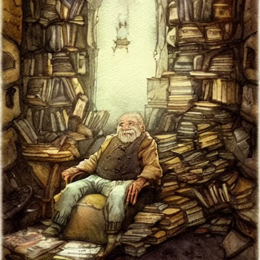 Image similar to whimsical fantastical a muted color watercolor sketch of a old man sitting in big chair next of a fireplace in his whimsical fantastical hobbit house living room surrounded by stacks of books from a whimsical fantastical story book character ifrom the book Baltimore & Redingote by Jean-Baptiste Monge of an old man in the style of by Jean-Baptiste Monge that looks like its by Jean-Baptiste Monge and refencing Jean-Baptiste Monge