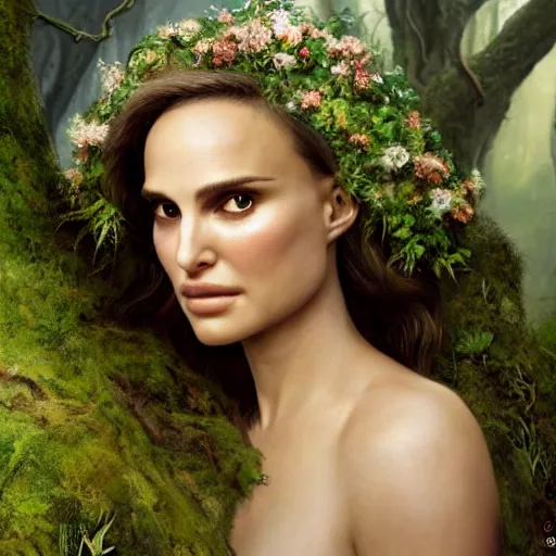 Image similar to Portrait of Natalie Portman as a dryad, characteristic sparkling green eyes, looking straight to the camera, illuminated for rays of light, behind her is an ancient forest full of life, by Annie Leibovitz, Ellie Victoria Gale and Steve McCurry, matte painting, oil painting, naturalism, 4k, 8k