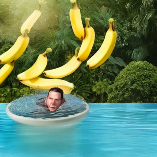 Prompt: a man drowning in a pool full of bananas