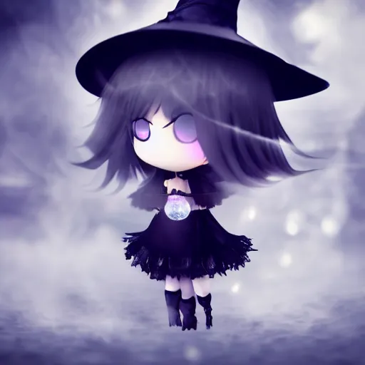 Image similar to cute fumo plush girl gazing into a crystal ball swirling with strange energy, black and white gothic horror, smoke and volumetric fog, witch girl, soothsayer, lens flare glow, chibi anime, vray