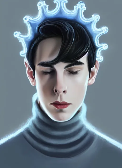 Image similar to portrait of teenage jughead jones wearing a light grey crown, crown, blue turtleneck, 1 9 5 0 s, closed eyes, photorealistic, black hair, glowing lighting, intricate, elegant, glowing lights, highly detailed, digital painting, artstation, concept art, smooth, sharp focus, illustration, art by wlop, mars ravelo and greg rutkowski