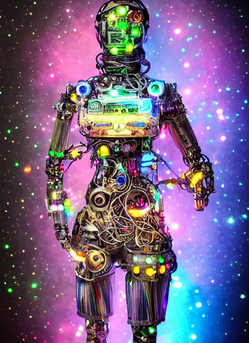 Image similar to intricate cyborg pilot girl with electromechanical robot parts, connected made of and covered with many colorful wires, featuring beautiful detailed machined crystal eyes glowing with nebula, background glowing game server powered by galaxies. backlit luminous shiny metallic