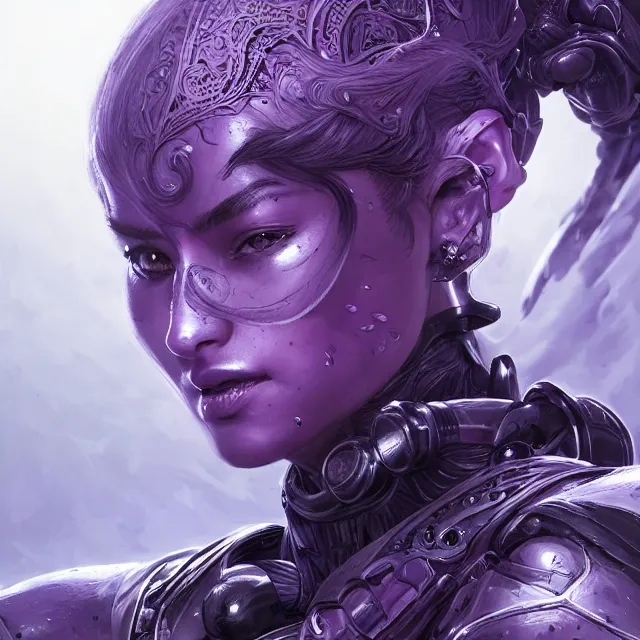 Prompt: facial portrait of a woman in powerful purple sci - fi armor with a black ponytail, elegant, stoic, intense, ultrafine hyperdetailed illustration by kim jung gi, irakli nadar, intricate linework, sharp focus, bright colors, octopath traveler, final fantasy, hearthstone, highly rendered, global illumination, radiant light, detailed, intricate environment