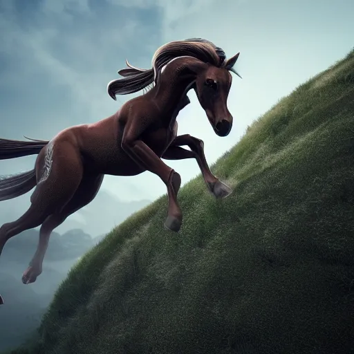 Prompt: an alien fused with a horse running down a hill, octane render, 3D, extremely detailed, accurate