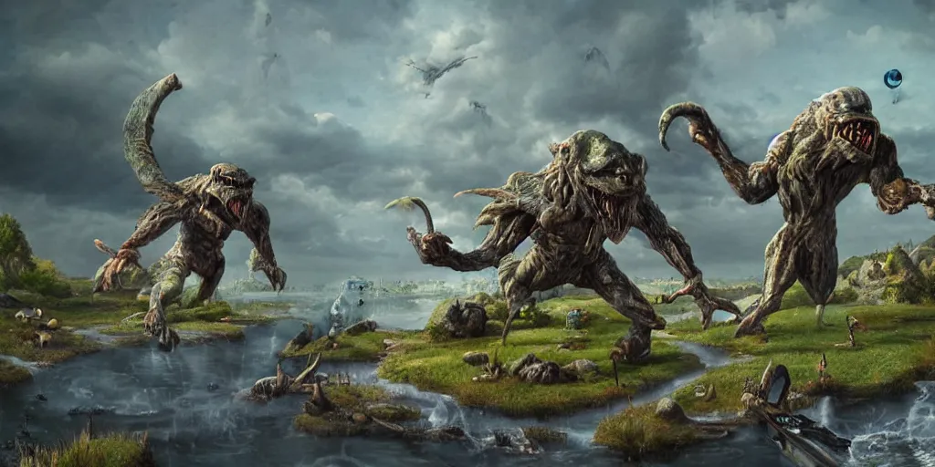 Prompt: \'mimic taverns\' monsters with clawed feet, far away landscape shot, tilt-shifted, high quality art, 4k