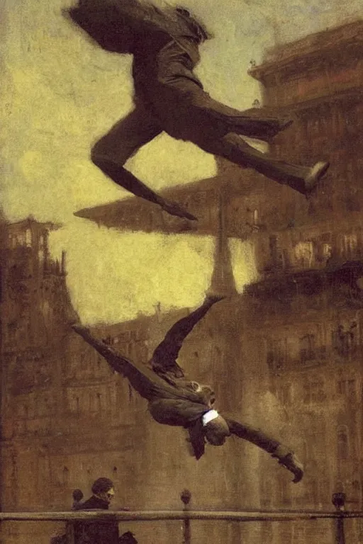 Image similar to a young man flying through new york city. his hands stretched to the side. a floating circus in the background. art by ilya repin.