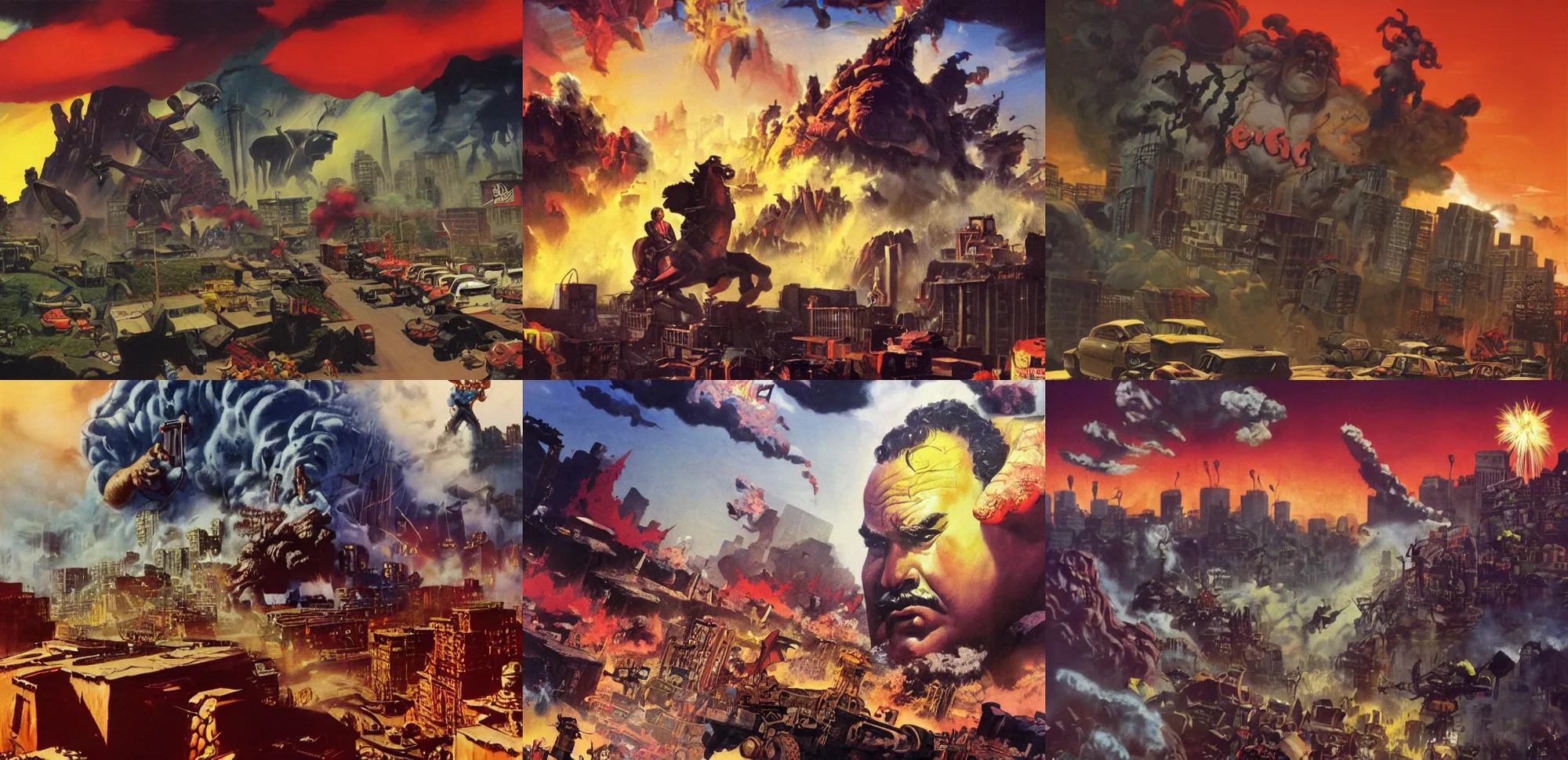 Prompt: a giant Pablo Escobar destroying a city by John Kricfalusi and Frank Frazetta , epic composition, cinematic, Volumetric light