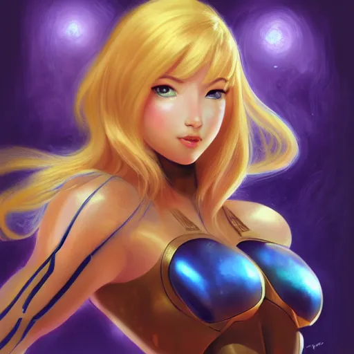 Prompt: portrait of beautiful Samus Aran, League of Legend illustration by Sam Youn:3, profile picture by Gil Elvgren:3, asymmetrical, Organic Painting, Ambient Occlusion:3, Matte Painting, bold shapes, hard edges, street art, trending on artstation, realistic:2 by Rob Rey:5