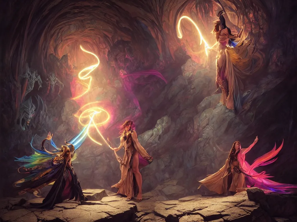 Prompt: painting of powerful stylish sorcerer and a cleric banishing demons in a dark cave with a rainbow spell, ultra realistic, concept art, intricate details, eerie, highly detailed, photorealistic, octane render, 8 k, unreal engine. art by artgerm and greg rutkowski and magali villeneuve and alphonse mucha