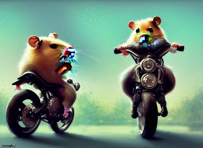 Prompt: a cute hamster riding a motorcycle, intricate, highly detailed, digital painting, artstation, concept art, sharp focus, illustration, art by greg rutkowski and Ross Tran