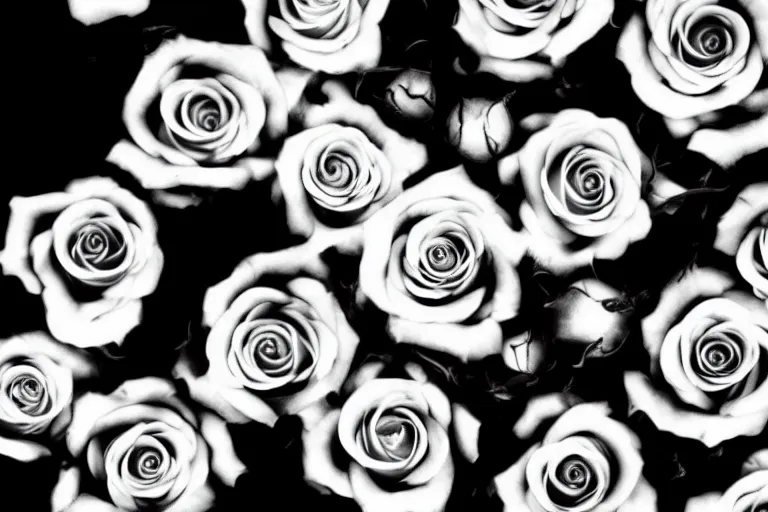 Image similar to still photo of roses buring in flames, black and white color aesthetic, highly detailed, photorealistic portrait, bright studio setting, studio lighting, crisp quality and light reflections, unreal engine 5 quality render