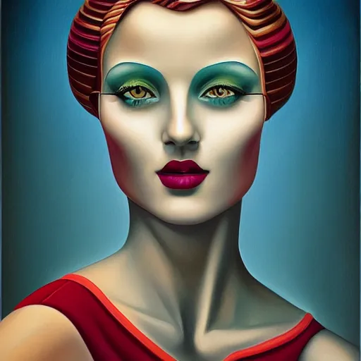 Image similar to colorful art deco portrait, an ultrafine detailed painting by rafal olbinski, thomas cole, behance contest winner, pop surrealism, detailed painting, very detailed, minimalist, skeuomorphic, airbrush art