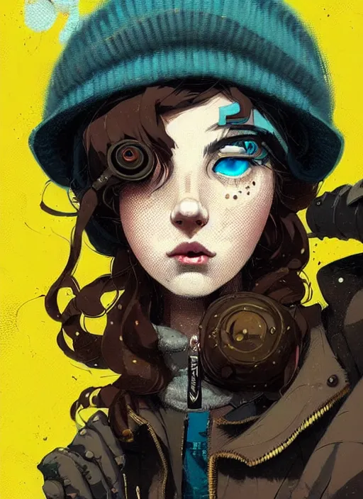 Prompt: highly detailed portrait of a sewer punk lady student, blue eyes, tweed hoody, hat, wavy hair by atey ghailan, by greg rutkowski, by greg, tocchini, by james gilleard, by joe fenton, by kaethe butcher, gradient yellow, black, brown and cyan color scheme, grunge aesthetic!!! ( ( graffiti tag street background ) )