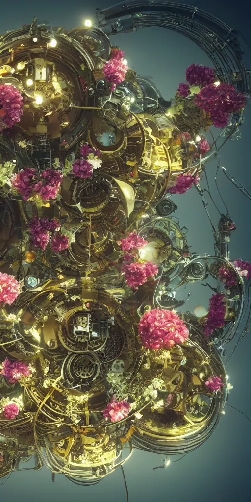 Prompt: a lovely mechanical cornucopia of flowers sci-fi futuristic utopian machine parts wires circuits highly detailed octane render cinematic