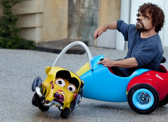 Image similar to peter dinklage driving a little tikes cozy coupe, movie still, from the new fast and furious movie, 8 k, realistic