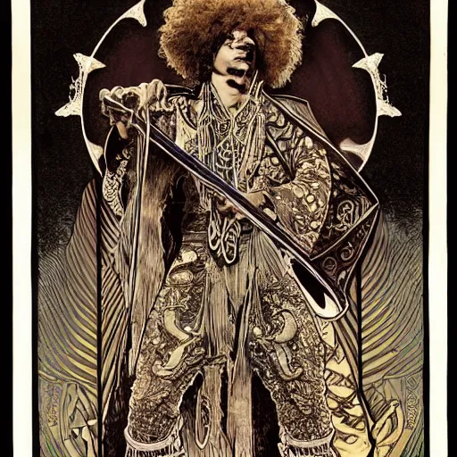 Prompt: artwork by Franklin Booth and Alphonse Mucha showing a portrait of Jimi Hendrix as a futuristic space shaman