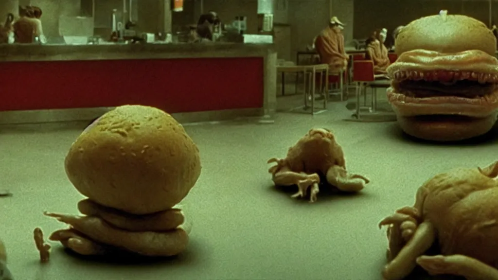 Prompt: the strange creature at the fast food place, film still from the movie directed by denis villeneuve and david cronenberg with art direction by salvador dali and zdzisław beksinski, wide lens