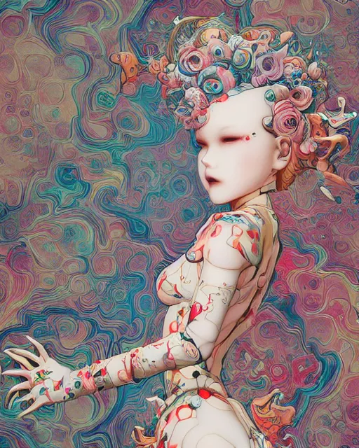 Image similar to james jean isolated deepdream vinyl figure harajuku style boy girl character design, figure photography, dynamic pose, holographic undertones, glitter accents on figure, anime stylized, accurate fictional proportions, high delicate defined details, ethereal lighting