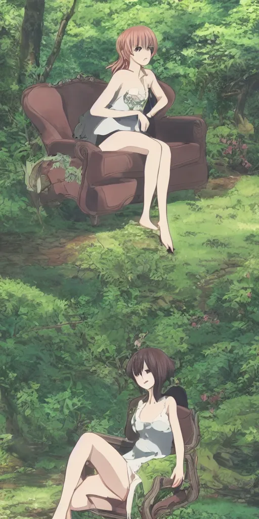 Image similar to landscape shot of a single queen sitting by herself on a sofa in a forest, drawn by CloverWorks, elegant, beauty,